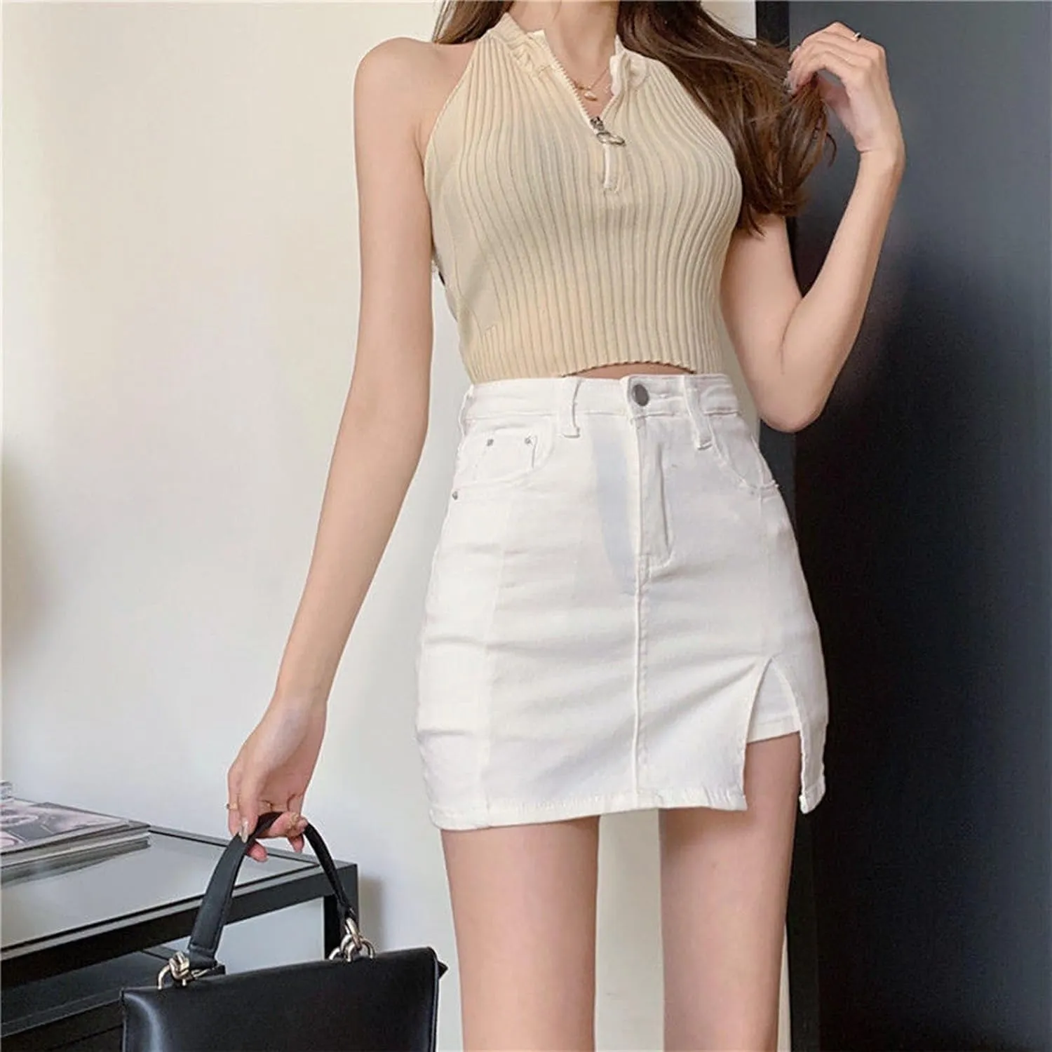 Bloomy Skorts,Bloomy Jean Skorts,Woman High Waisted Casual Stretchy,Side Split Mini Denim Skirts