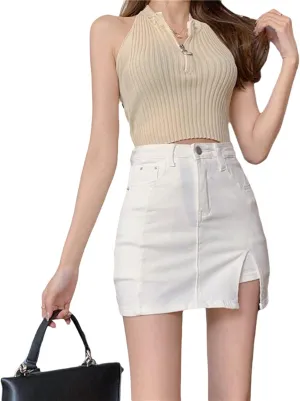 Bloomy Skorts,Bloomy Jean Skorts,Woman High Waisted Casual Stretchy,Side Split Mini Denim Skirts