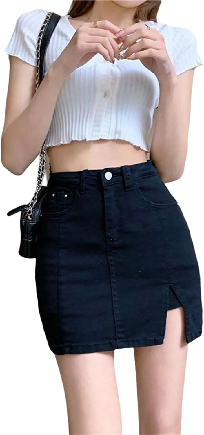 Bloomy Skorts,Bloomy Jean Skorts,Woman High Waisted Casual Stretchy,Side Split Mini Denim Skirts