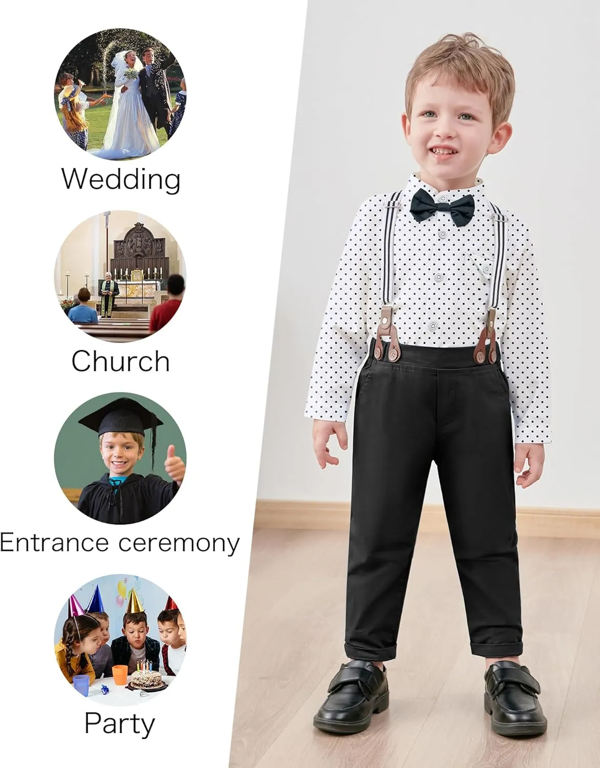 CARETOO Toddler Baby Boy Clothes Suit 5Pcs Gentleman Wedding Outfit Dress Shirt Vest Bow Tie Suspender Pant Formal Set 12M-5T