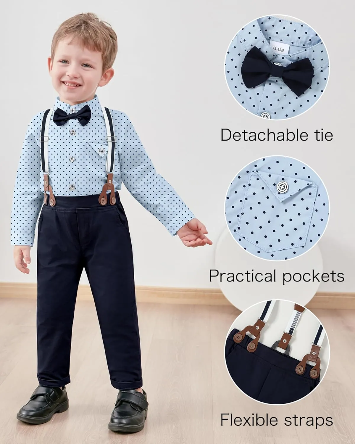 CARETOO Toddler Baby Boy Clothes Suit 5Pcs Gentleman Wedding Outfit Dress Shirt Vest Bow Tie Suspender Pant Formal Set 12M-5T
