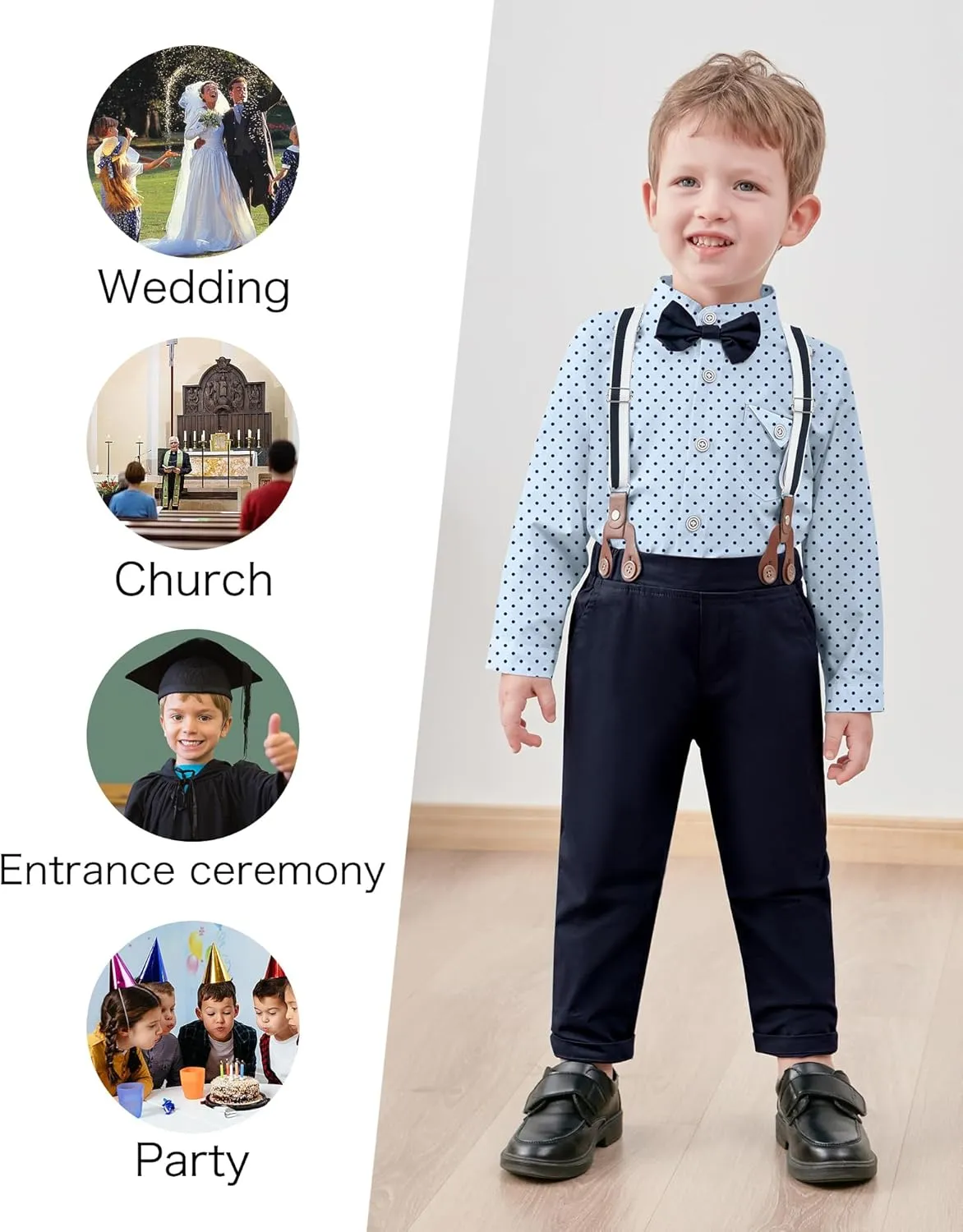 CARETOO Toddler Baby Boy Clothes Suit 5Pcs Gentleman Wedding Outfit Dress Shirt Vest Bow Tie Suspender Pant Formal Set 12M-5T