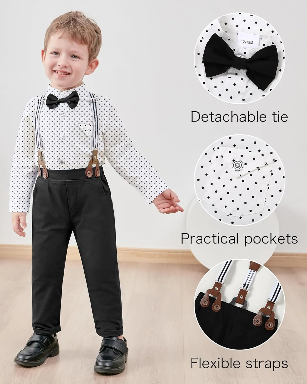 CARETOO Toddler Baby Boy Clothes Suit 5Pcs Gentleman Wedding Outfit Dress Shirt Vest Bow Tie Suspender Pant Formal Set 12M-5T