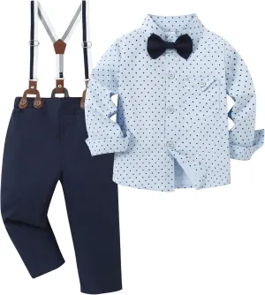 CARETOO Toddler Baby Boy Clothes Suit 5Pcs Gentleman Wedding Outfit Dress Shirt Vest Bow Tie Suspender Pant Formal Set 12M-5T