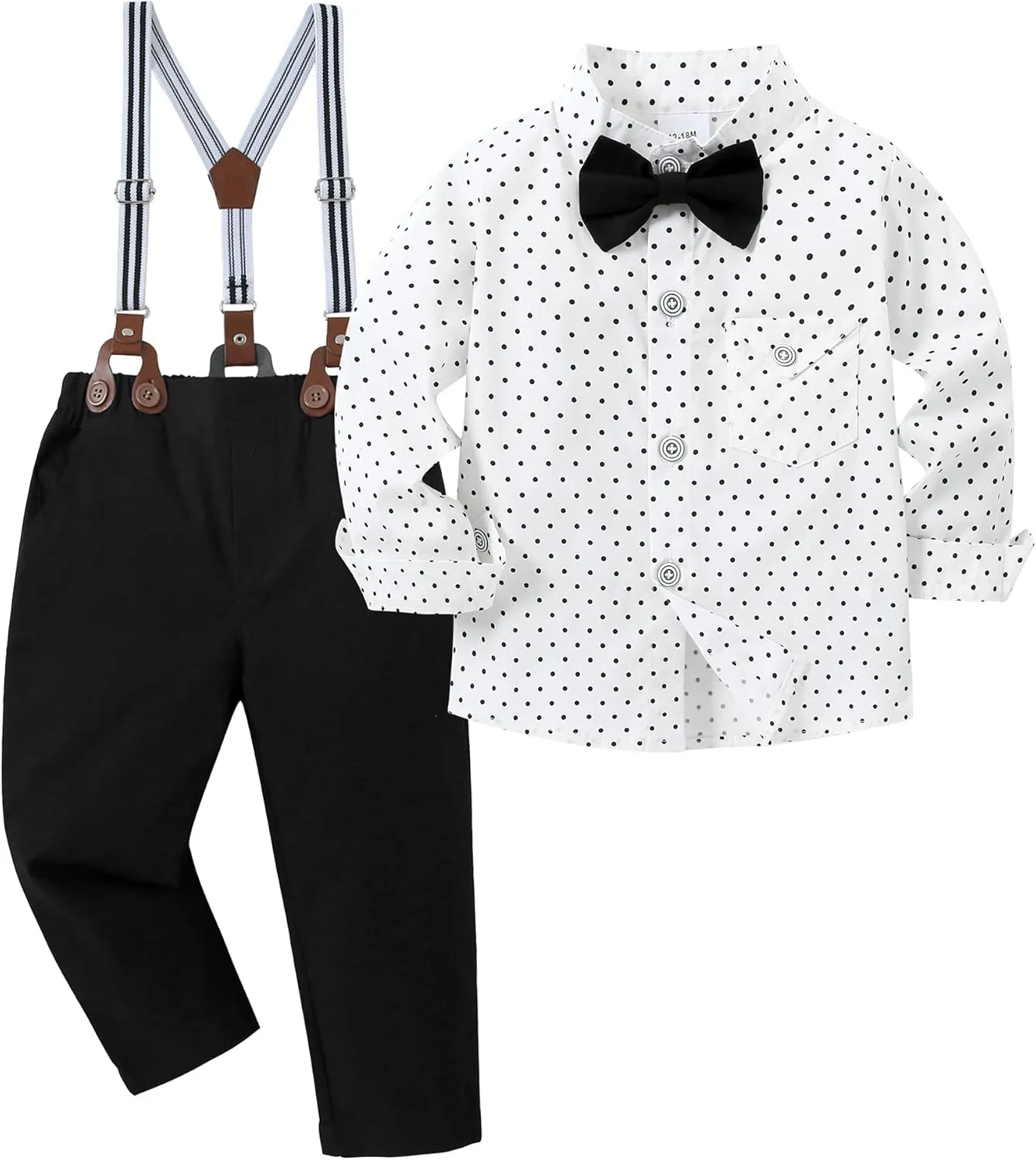 CARETOO Toddler Baby Boy Clothes Suit 5Pcs Gentleman Wedding Outfit Dress Shirt Vest Bow Tie Suspender Pant Formal Set 12M-5T