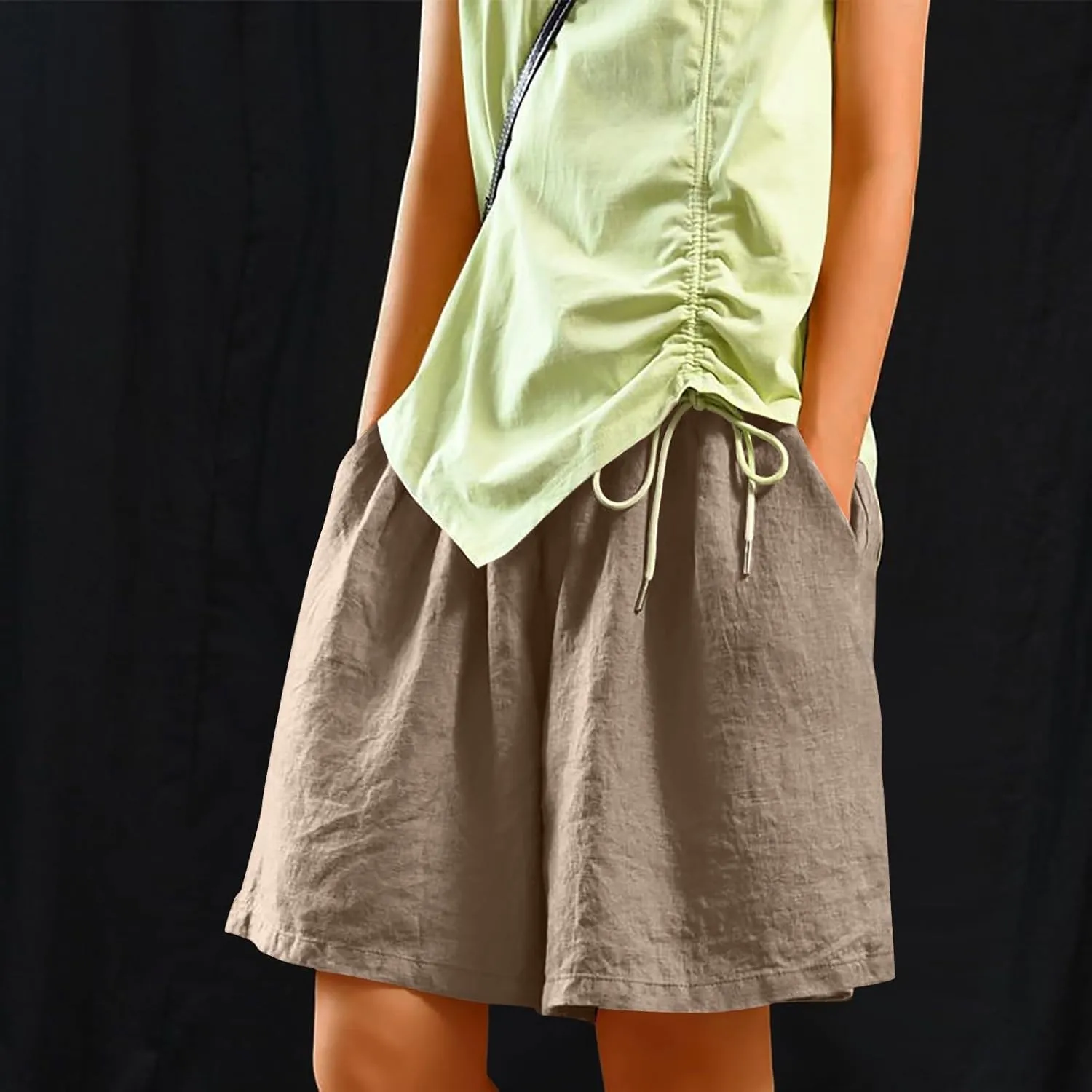 Casual Shorts for Women Dressy Drawstring High Waist Wide Leg 2025 Summer Beach Ruffle Solid Color Outfits with 2 Pockets