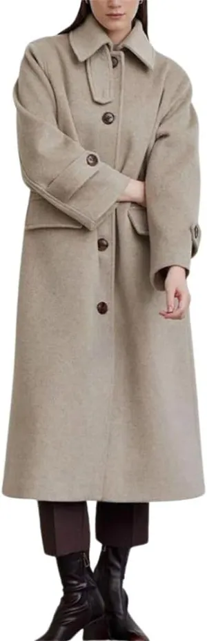 chouyatou Women's Winter Single Breasted Wool Coat Turn Down Collar Business Casual Long Winter Pea Coat