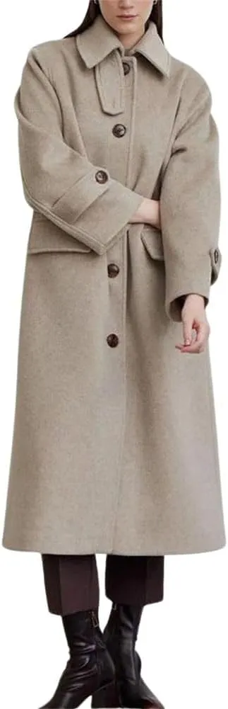 chouyatou Women's Winter Single Breasted Wool Coat Turn Down Collar Business Casual Long Winter Pea Coat