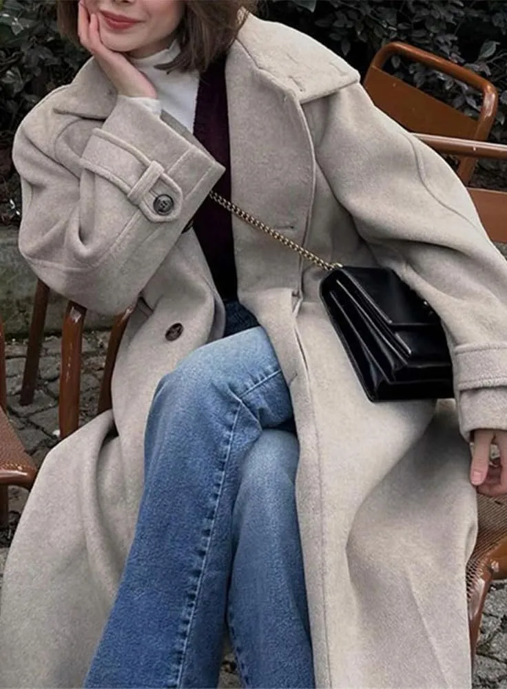 chouyatou Women's Winter Single Breasted Wool Coat Turn Down Collar Business Casual Long Winter Pea Coat