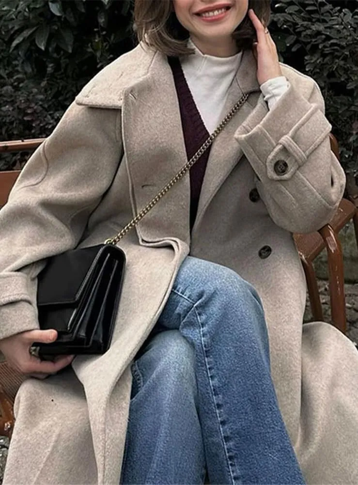 chouyatou Women's Winter Single Breasted Wool Coat Turn Down Collar Business Casual Long Winter Pea Coat