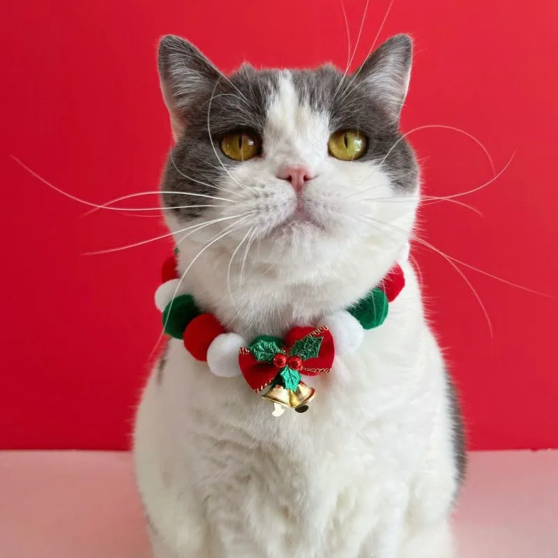 Christmas Cute Dog Cat Plush Ball Necklace Soft Elasticity Collar Pet Neck Accessories Dog Christmas Collar With Bow