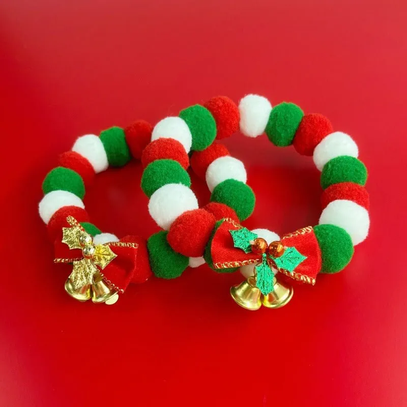 Christmas Cute Dog Cat Plush Ball Necklace Soft Elasticity Collar Pet Neck Accessories Dog Christmas Collar With Bow