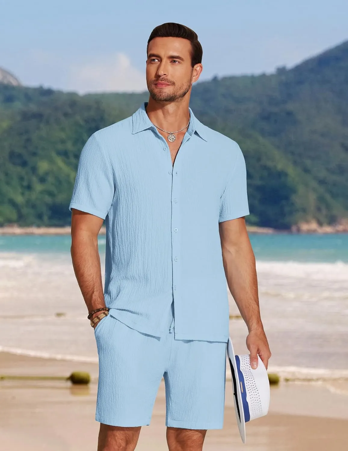 COOFANDY Men's 2 Piece Textured Outfits Beach Button Down Short Sleeve Shirt and Short Sets