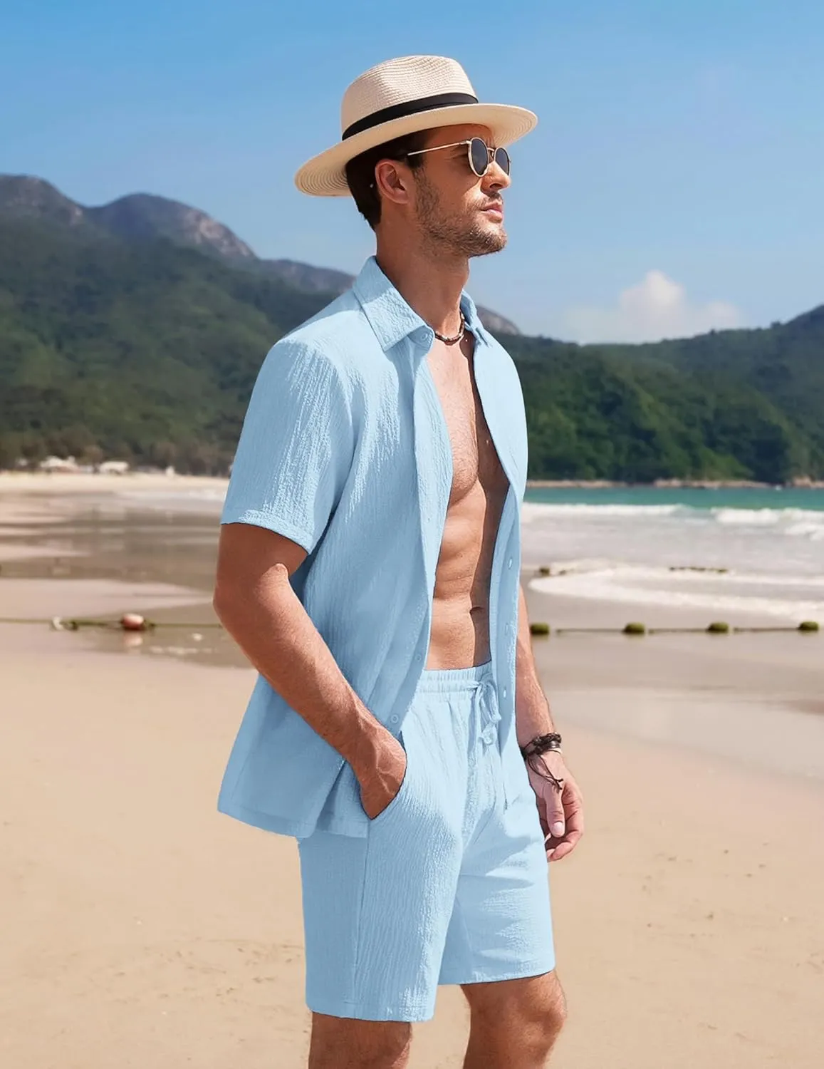 COOFANDY Men's 2 Piece Textured Outfits Beach Button Down Short Sleeve Shirt and Short Sets
