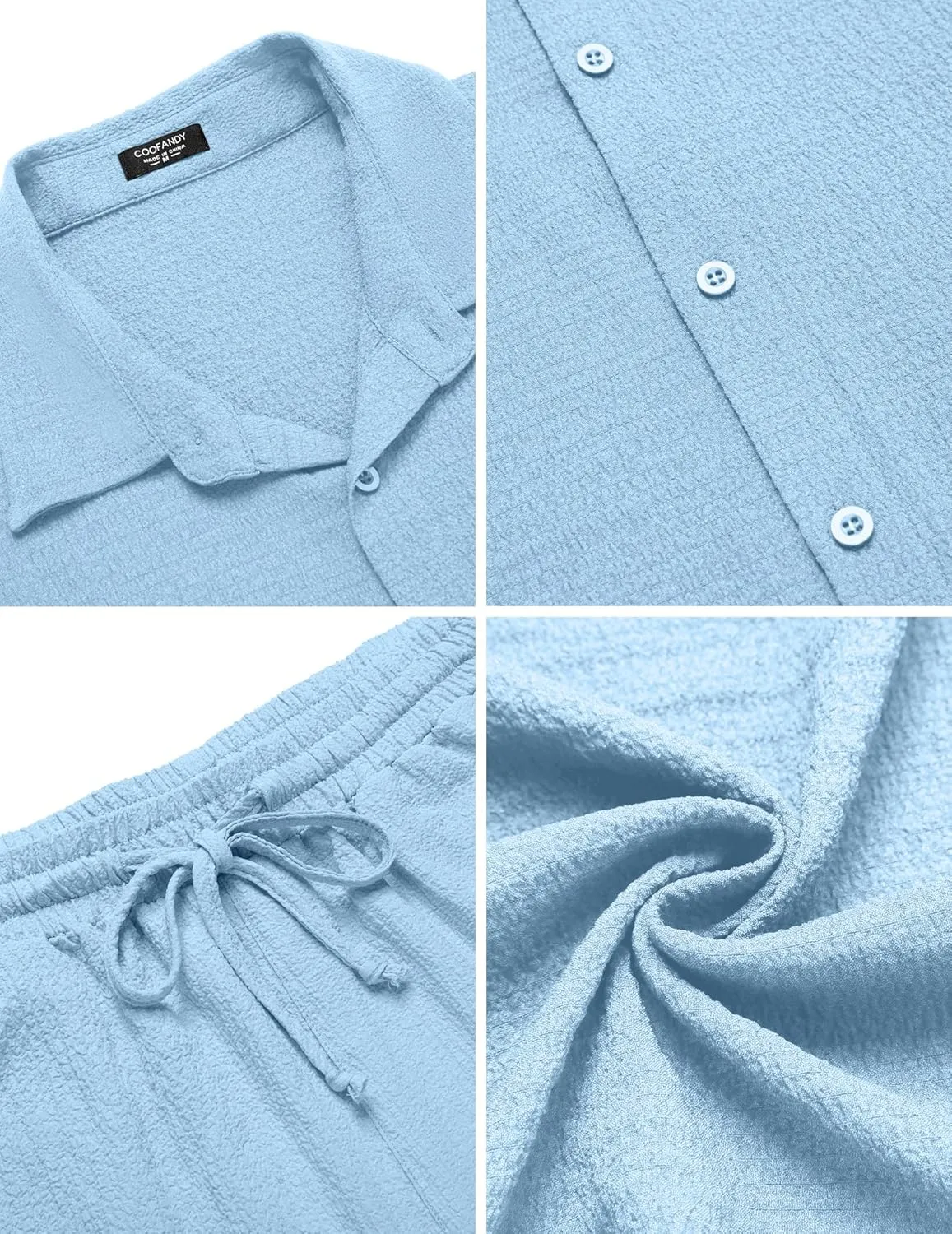 COOFANDY Men's 2 Piece Textured Outfits Beach Button Down Short Sleeve Shirt and Short Sets