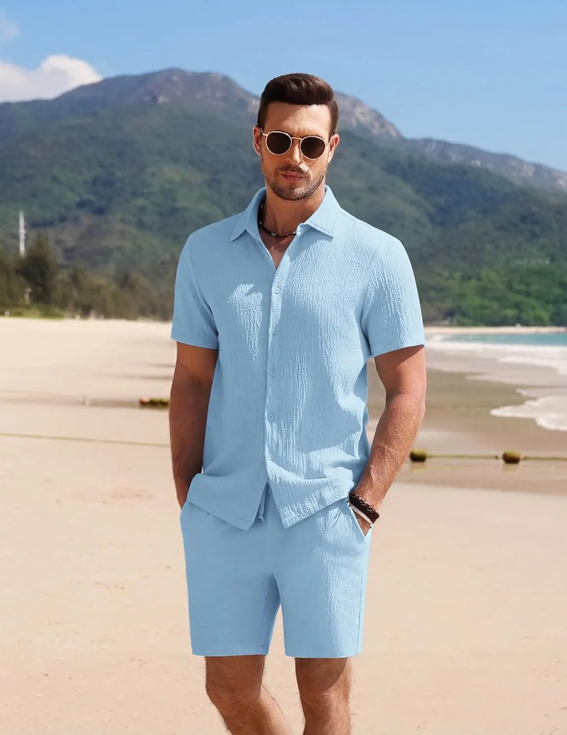 COOFANDY Men's 2 Piece Textured Outfits Beach Button Down Short Sleeve Shirt and Short Sets