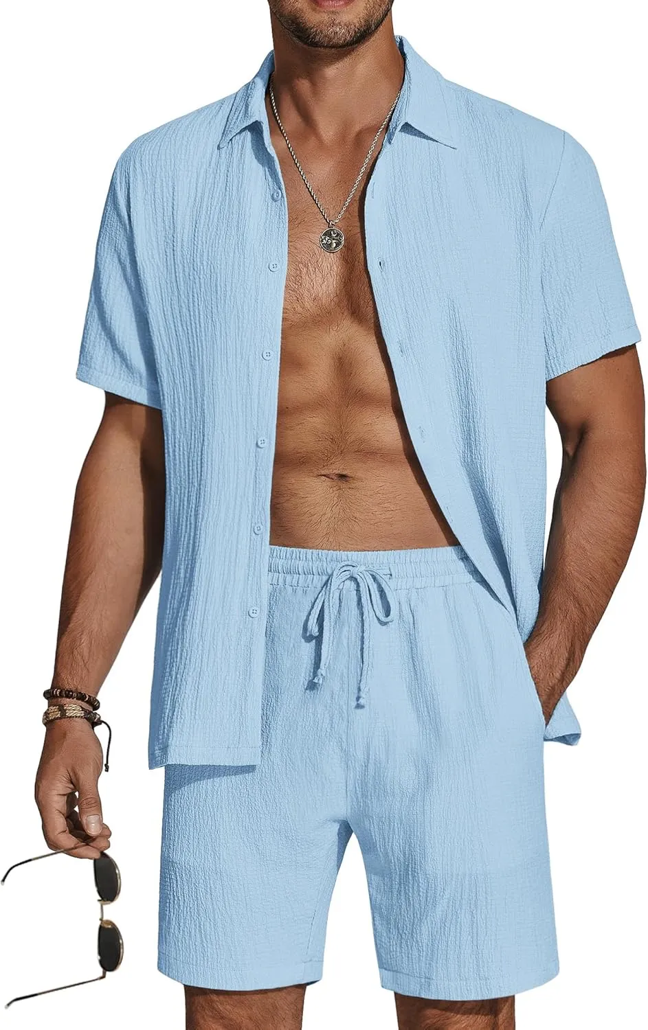 COOFANDY Men's 2 Piece Textured Outfits Beach Button Down Short Sleeve Shirt and Short Sets