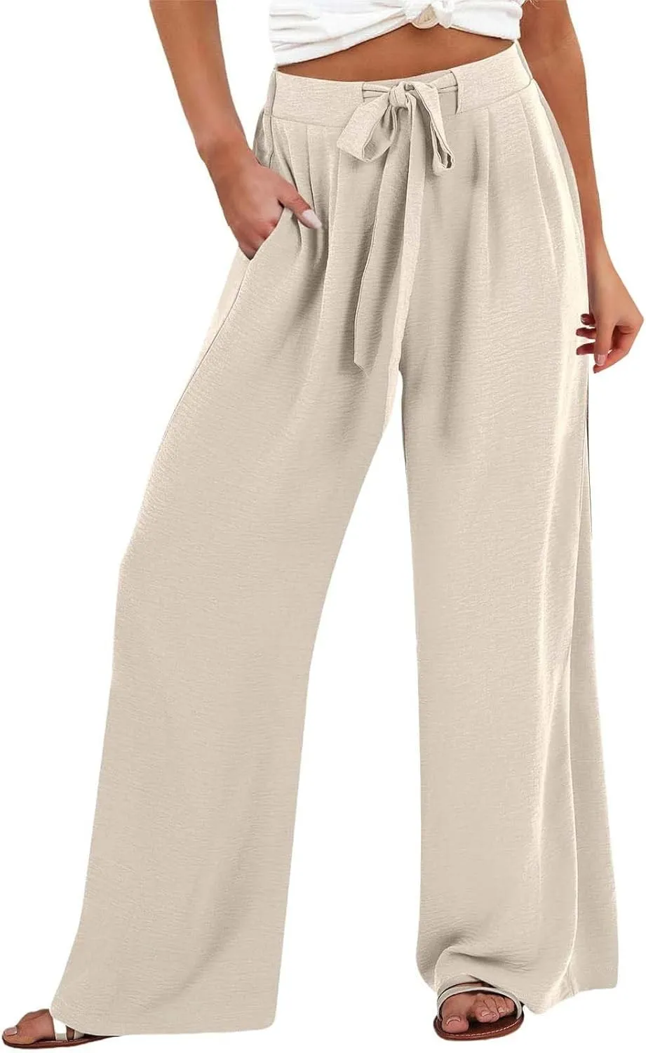 Cotton Linen Pants Women,Summer Wide Leg Palazzo Pants,Casual High Waist Tie Knot Flowy Trousers,Loose Beach Vacation Outfits