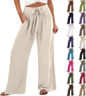 Cotton Linen Pants Women,Summer Wide Leg Palazzo Pants,Casual High Waist Tie Knot Flowy Trousers,Loose Beach Vacation Outfits