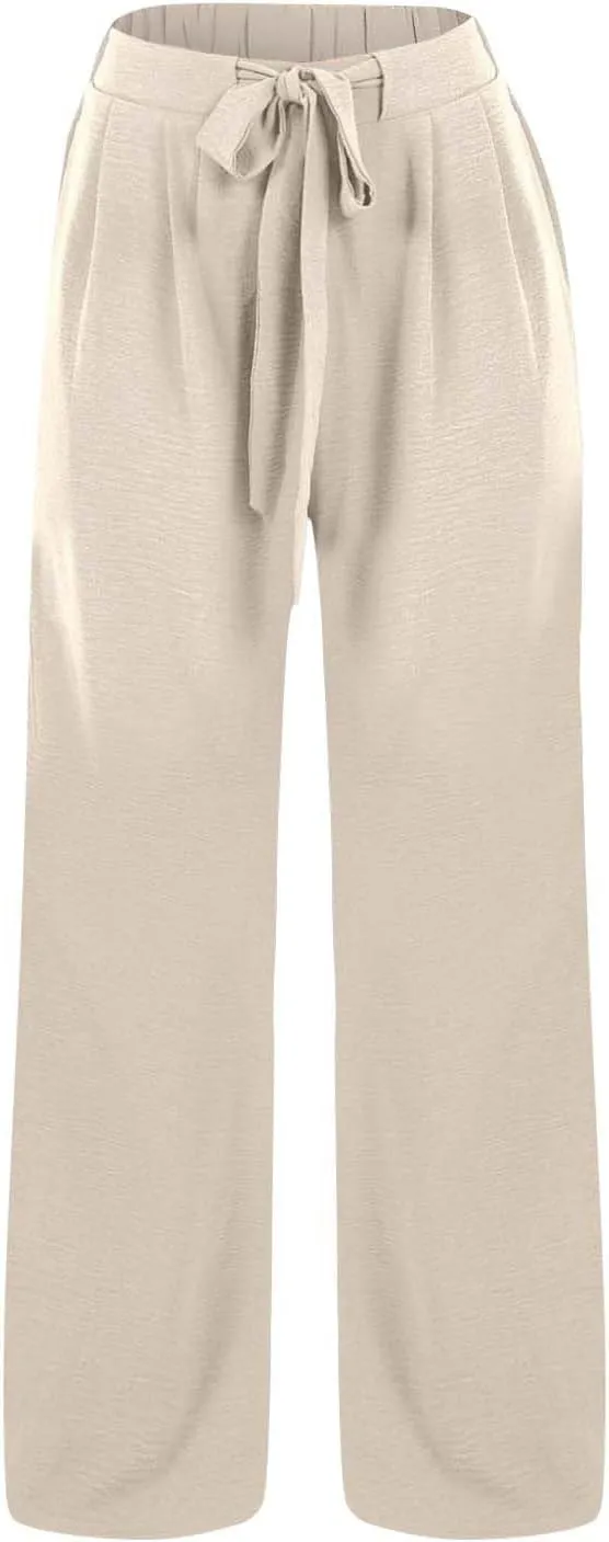 Cotton Linen Pants Women,Summer Wide Leg Palazzo Pants,Casual High Waist Tie Knot Flowy Trousers,Loose Beach Vacation Outfits