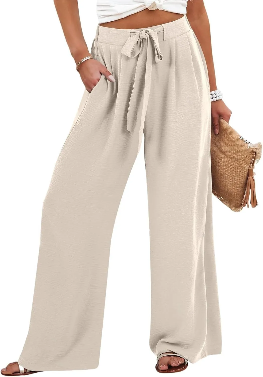 Cotton Linen Pants Women,Summer Wide Leg Palazzo Pants,Casual High Waist Tie Knot Flowy Trousers,Loose Beach Vacation Outfits