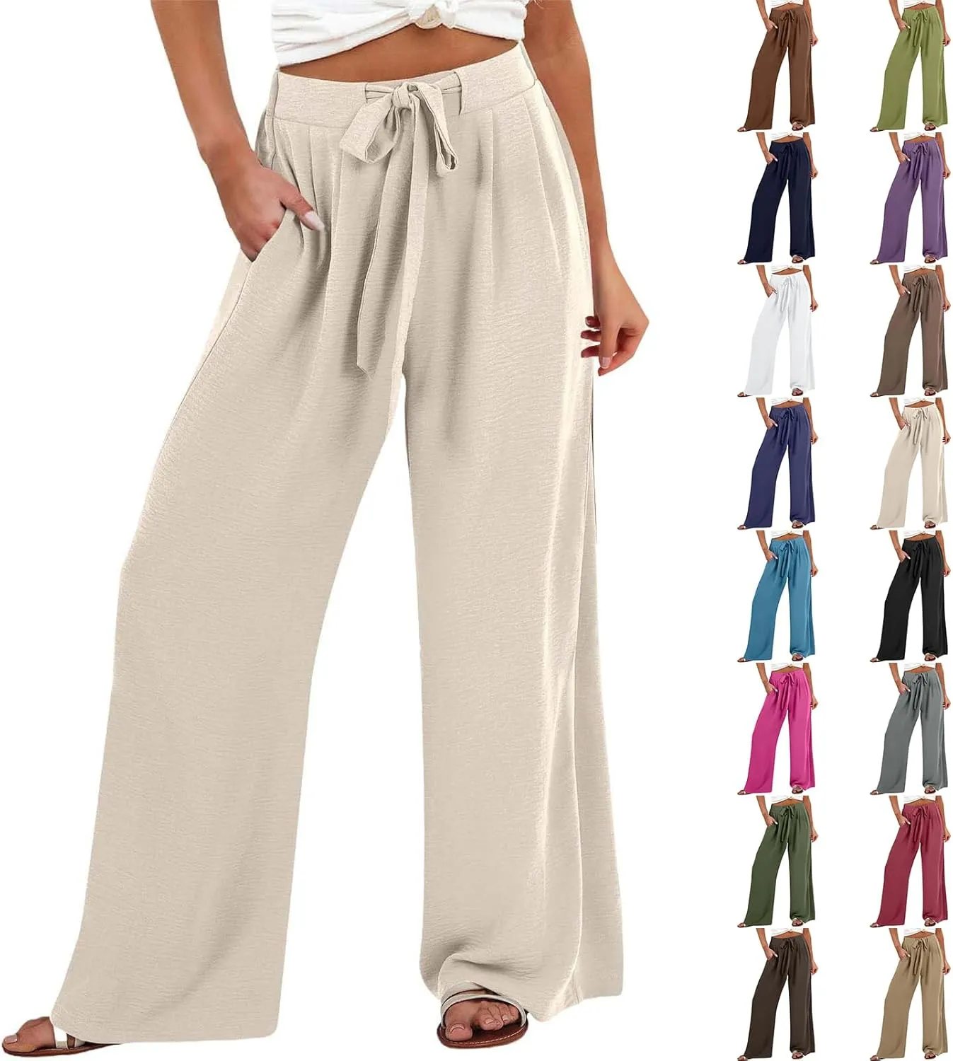Cotton Linen Pants Women,Summer Wide Leg Palazzo Pants,Casual High Waist Tie Knot Flowy Trousers,Loose Beach Vacation Outfits