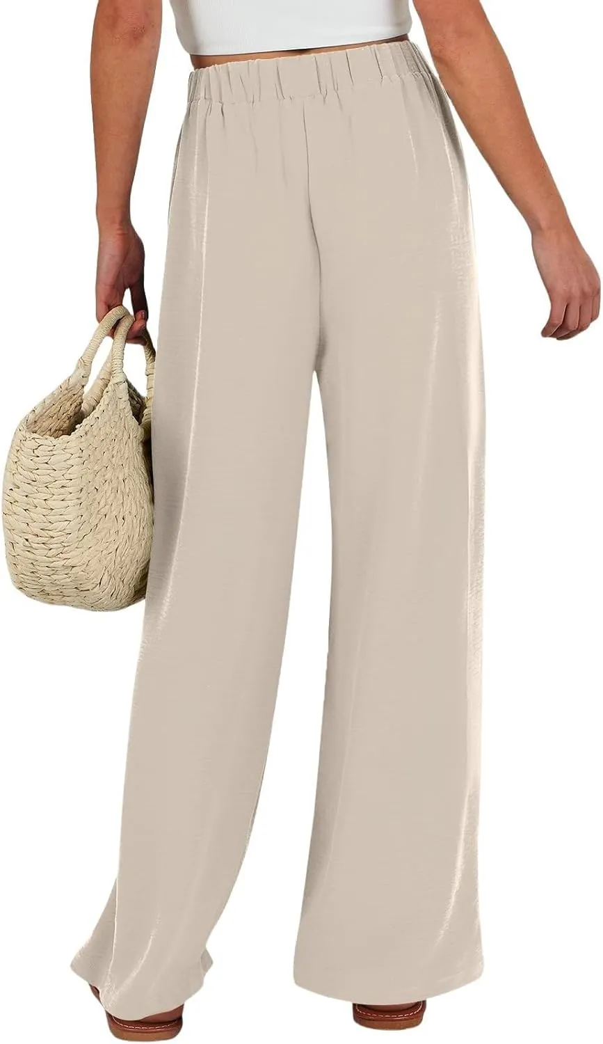 Cotton Linen Pants Women,Summer Wide Leg Palazzo Pants,Casual High Waist Tie Knot Flowy Trousers,Loose Beach Vacation Outfits