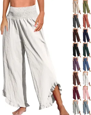 Cropped Linen Wide Leg Pants Woman Flowy High Waisted Palazzo Beach Pants Ladies Summer Trousers with Pockets