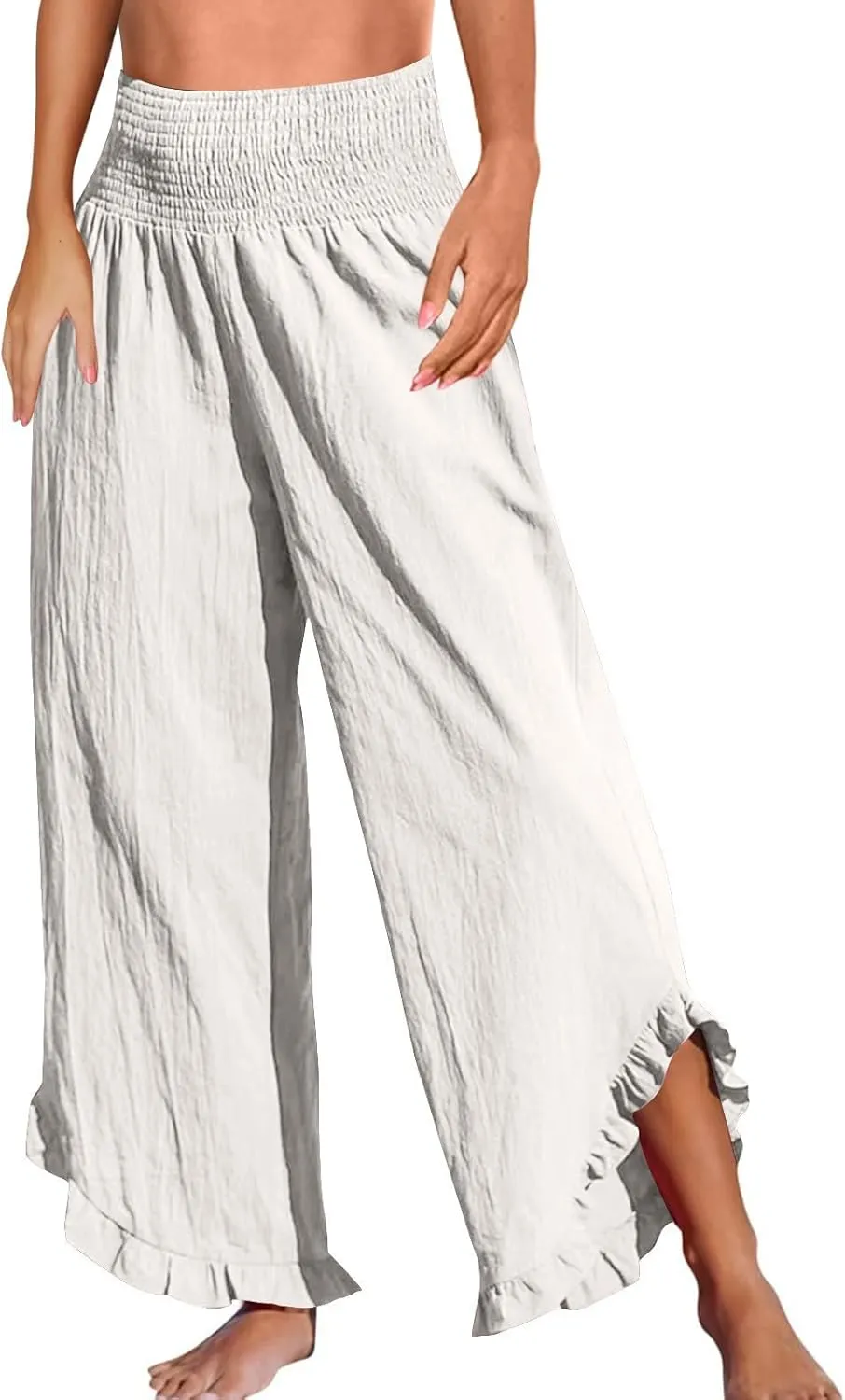 Cropped Linen Wide Leg Pants Woman Flowy High Waisted Palazzo Beach Pants Ladies Summer Trousers with Pockets