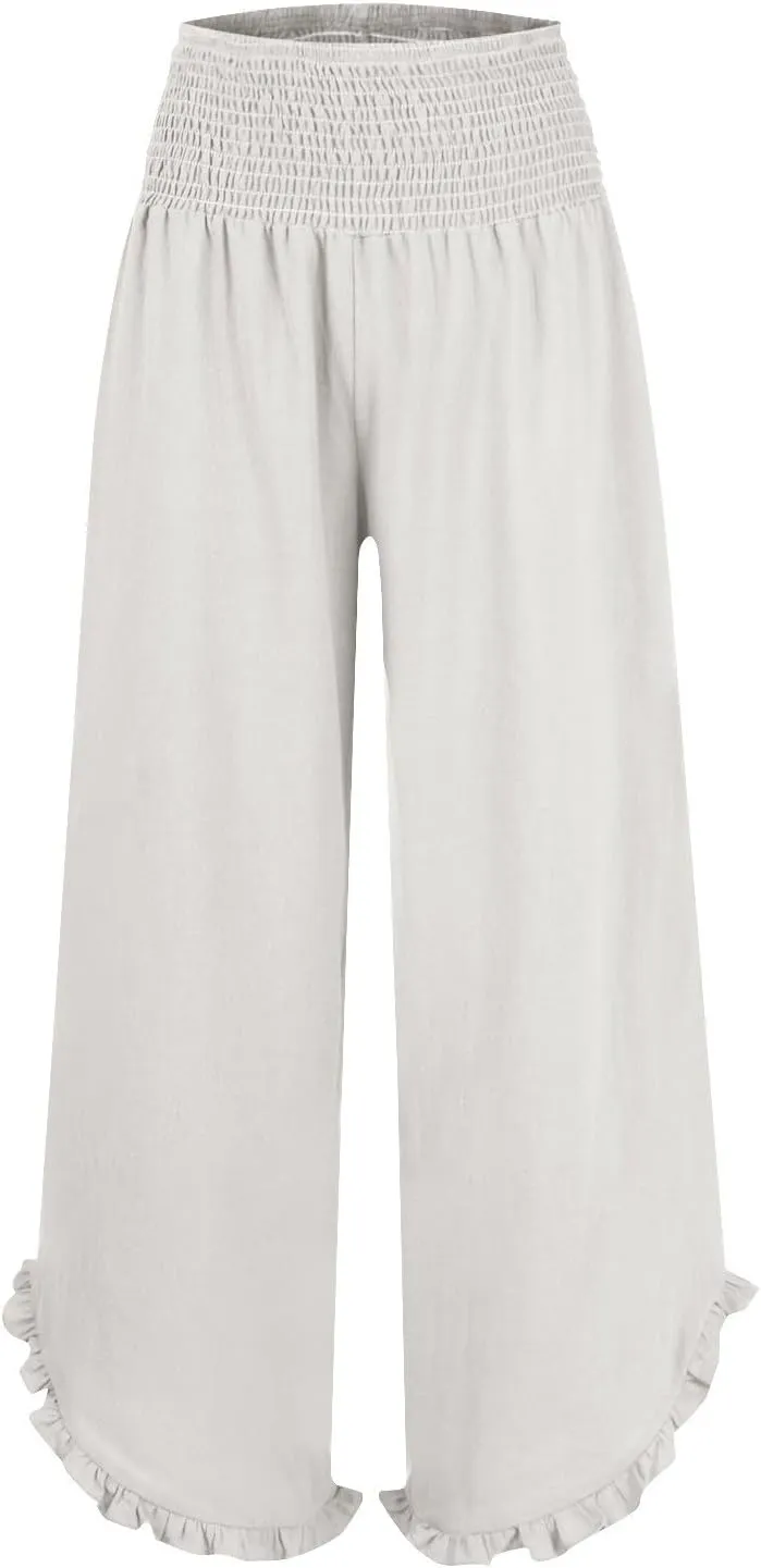 Cropped Linen Wide Leg Pants Woman Flowy High Waisted Palazzo Beach Pants Ladies Summer Trousers with Pockets