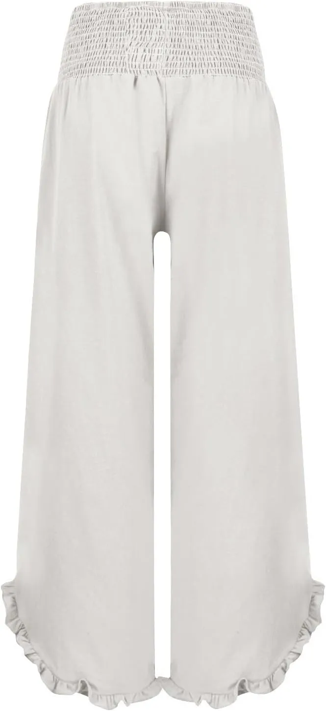 Cropped Linen Wide Leg Pants Woman Flowy High Waisted Palazzo Beach Pants Ladies Summer Trousers with Pockets