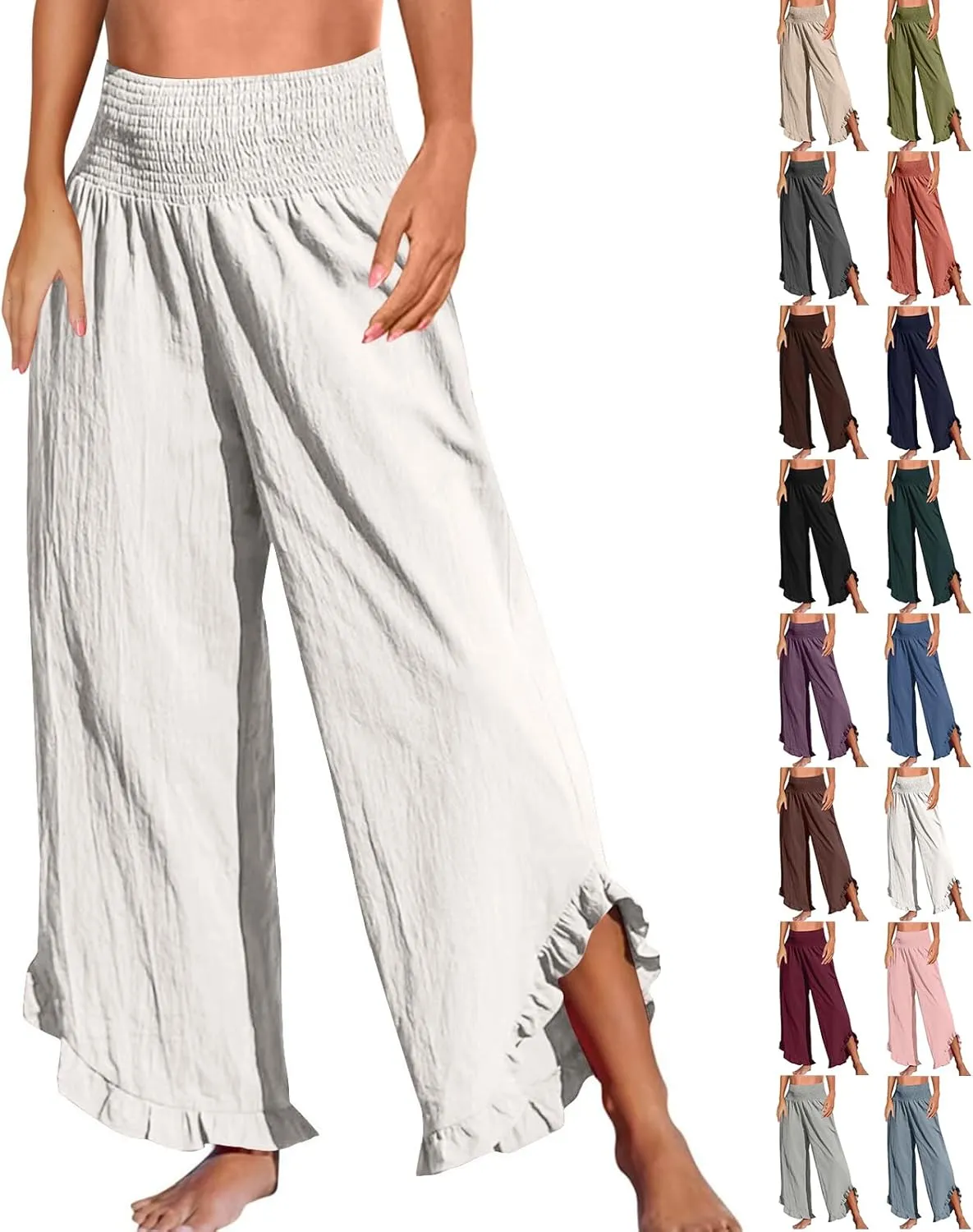 Cropped Linen Wide Leg Pants Woman Flowy High Waisted Palazzo Beach Pants Ladies Summer Trousers with Pockets