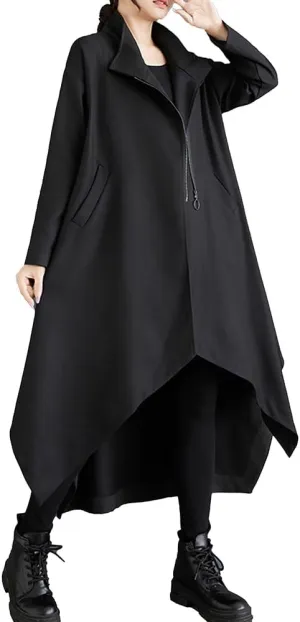 ellazhu Women's Coat Loose Oversize Casual Trench Zip Up Solid Plus Size Batwing Sleeve Irregular Hem GZ340 A