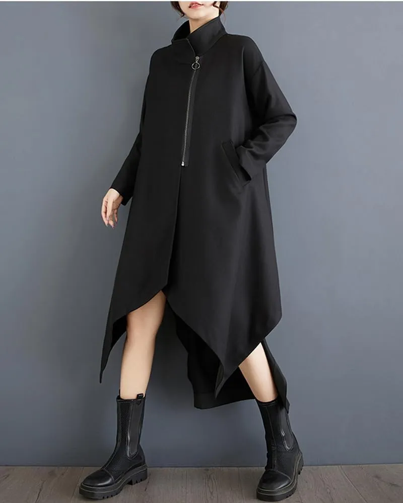 ellazhu Women's Coat Loose Oversize Casual Trench Zip Up Solid Plus Size Batwing Sleeve Irregular Hem GZ340 A