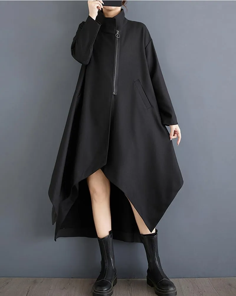 ellazhu Women's Coat Loose Oversize Casual Trench Zip Up Solid Plus Size Batwing Sleeve Irregular Hem GZ340 A