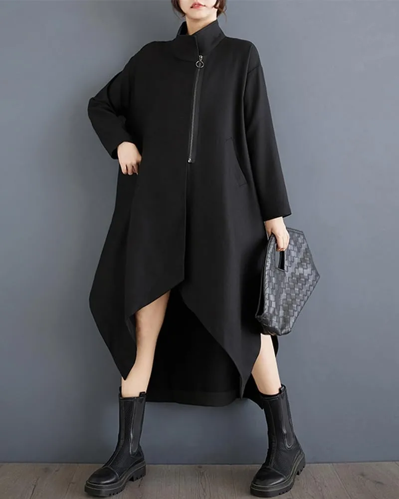 ellazhu Women's Coat Loose Oversize Casual Trench Zip Up Solid Plus Size Batwing Sleeve Irregular Hem GZ340 A