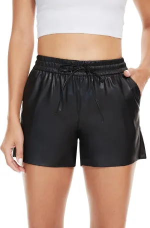 Fahsyee Black Faux Leather Shorts Women High Waisted Casual Wide Leg Size S-XXL