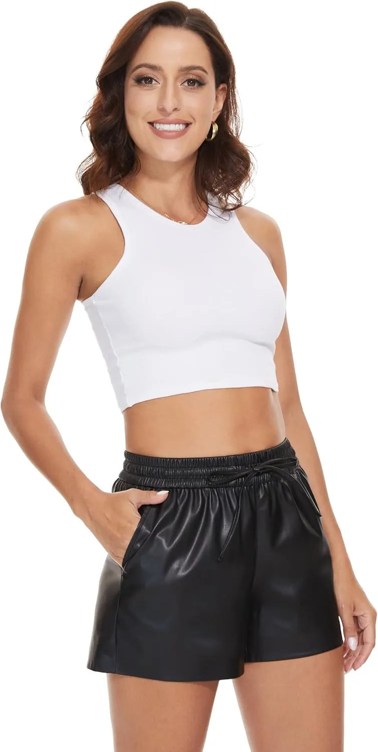 Fahsyee Black Faux Leather Shorts Women High Waisted Casual Wide Leg Size S-XXL