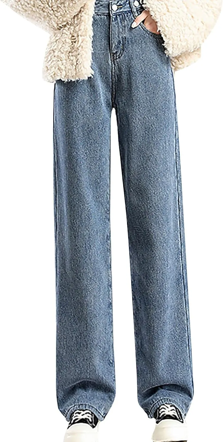 Fleece Lined Jeans Women High Waisted Straight Wide Leg Bootcut Denim Pants Fall Trendy Dressy Casual Plus Size Jean