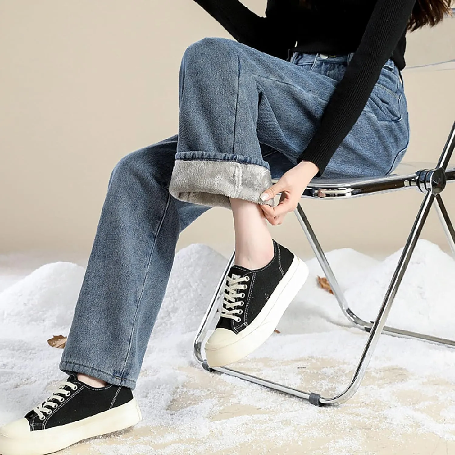 Fleece Lined Jeans Women High Waisted Straight Wide Leg Bootcut Denim Pants Fall Trendy Dressy Casual Plus Size Jean