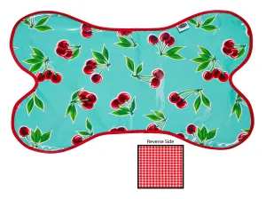 Freckled Sage Reversible Oilcloth Dog Mat in Cherry Aqua