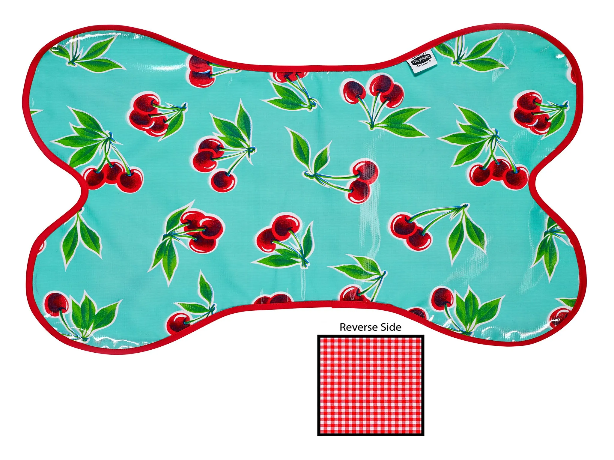 Freckled Sage Reversible Oilcloth Dog Mat in Cherry Aqua