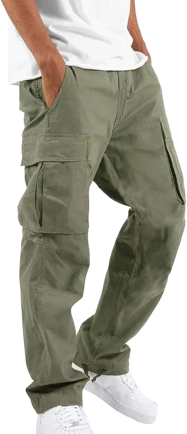 FZVYD 2023 Men Cargo Pants Drawstring Casual Elastic Drawstring Cargo Pants Lightweight Relaxed Fit Cotton Workout Sweatpants