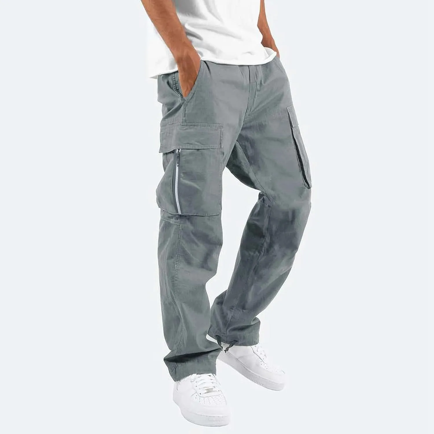 FZVYD 2023 Men Cargo Pants Drawstring Casual Elastic Drawstring Cargo Pants Lightweight Relaxed Fit Cotton Workout Sweatpants