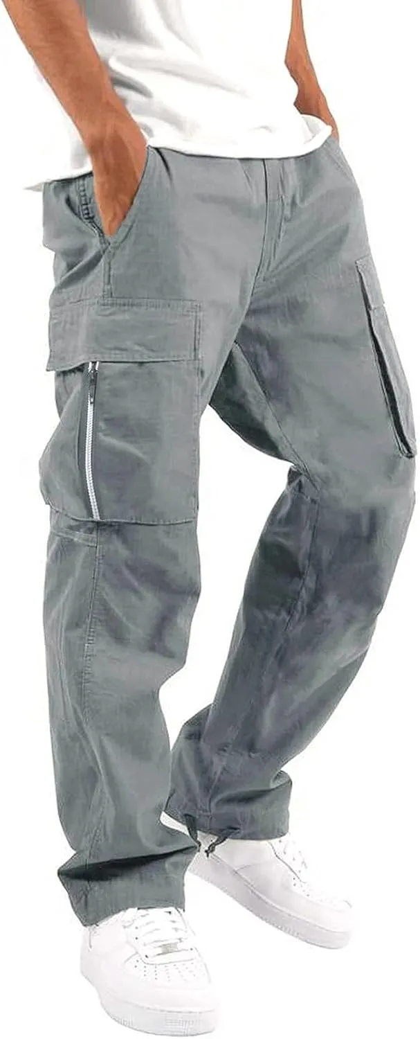 FZVYD 2023 Men Cargo Pants Drawstring Casual Elastic Drawstring Cargo Pants Lightweight Relaxed Fit Cotton Workout Sweatpants