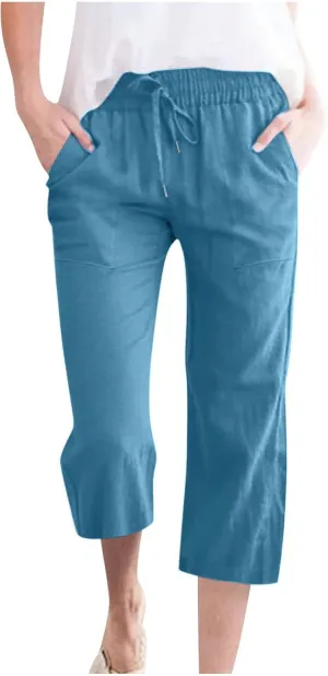 FZYLQY Capri Pants for Womens Casual 2025 Summer Drawstring Elastic High Waist Linen Pants Straight Wide Leg Cropped Trousers