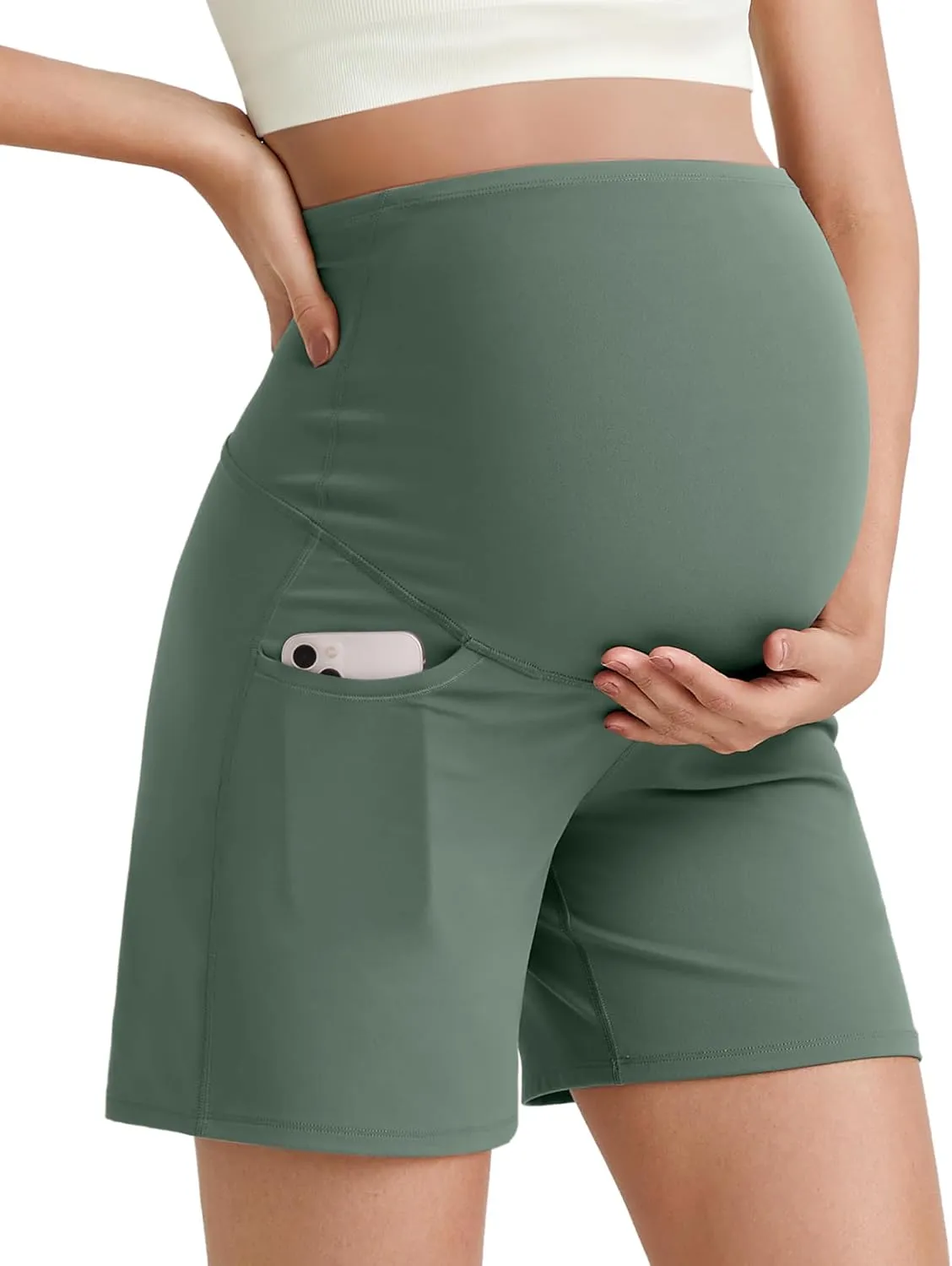 G4Free BareFeel Maternity Athletic Shorts with Pockets Over The Belly Workout Pants Comfy Summer Pregnancy Clothes