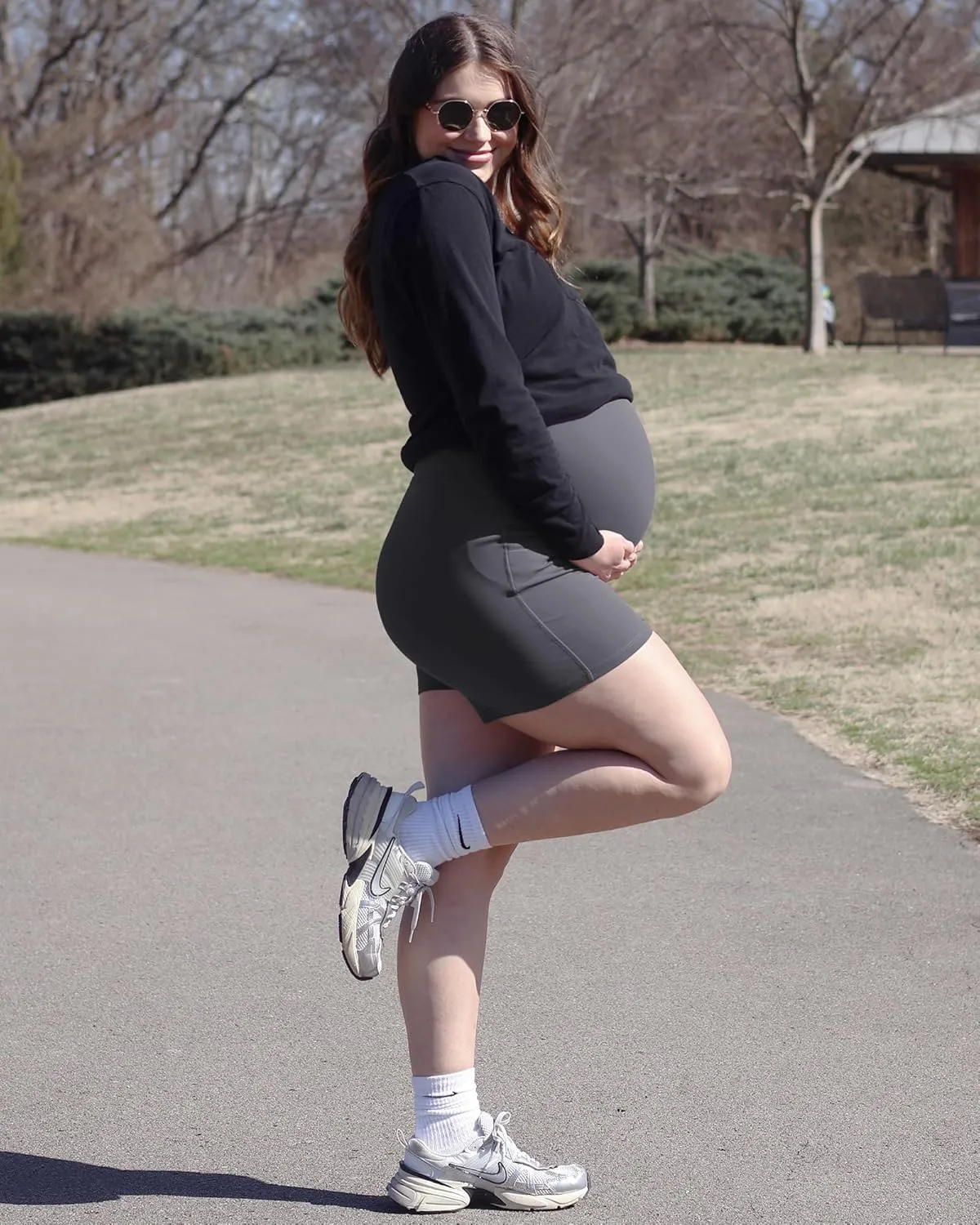 G4Free BareFeel Maternity Athletic Shorts with Pockets Over The Belly Workout Pants Comfy Summer Pregnancy Clothes