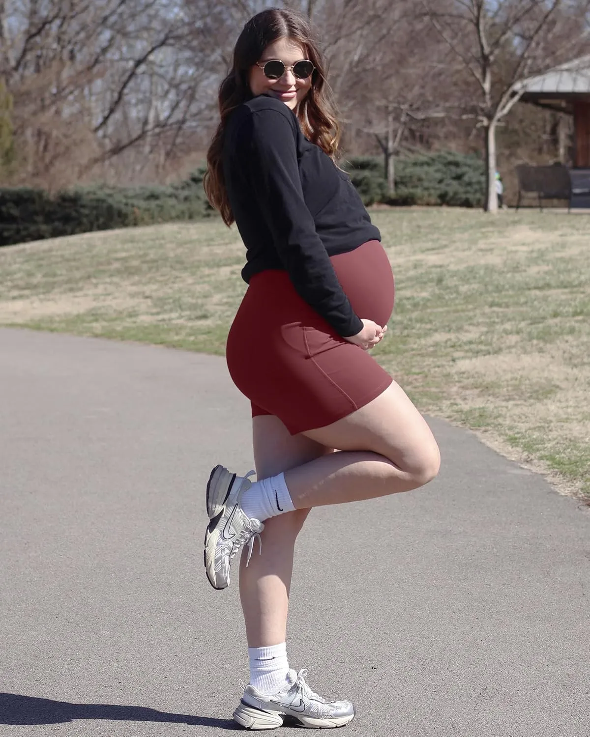 G4Free BareFeel Maternity Athletic Shorts with Pockets Over The Belly Workout Pants Comfy Summer Pregnancy Clothes