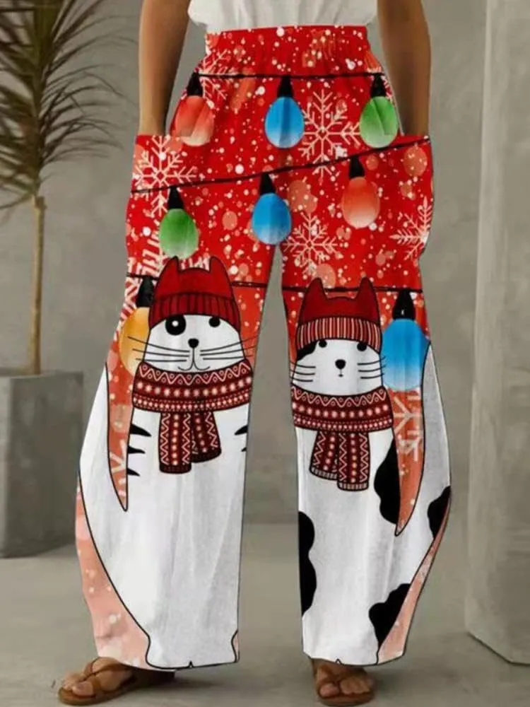 Geleglaer Women's Merry Christmas High Elastic Waist Pants Snowman Graphic Printed Wide Leg Pants Long Trousers with Pockets